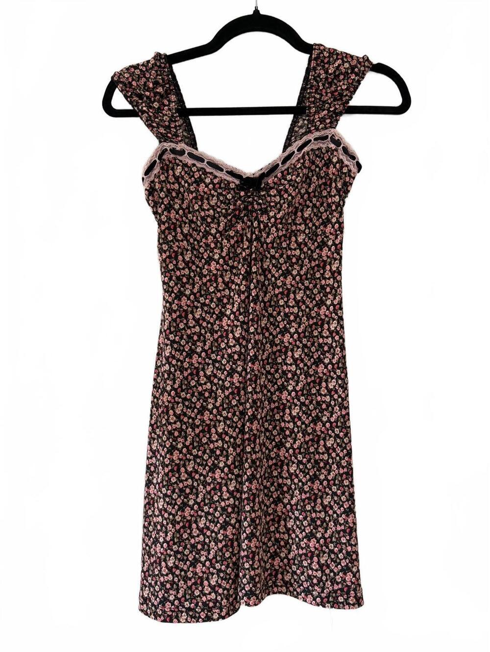 Vtg Lovely Day Dress Womens M Black Pink Floral Ruched Lace Trim Mini Slip